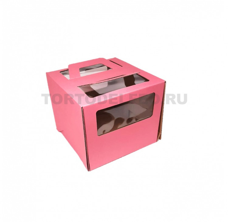 Коробка для торта 24*24*20см с ручками окном Розовая